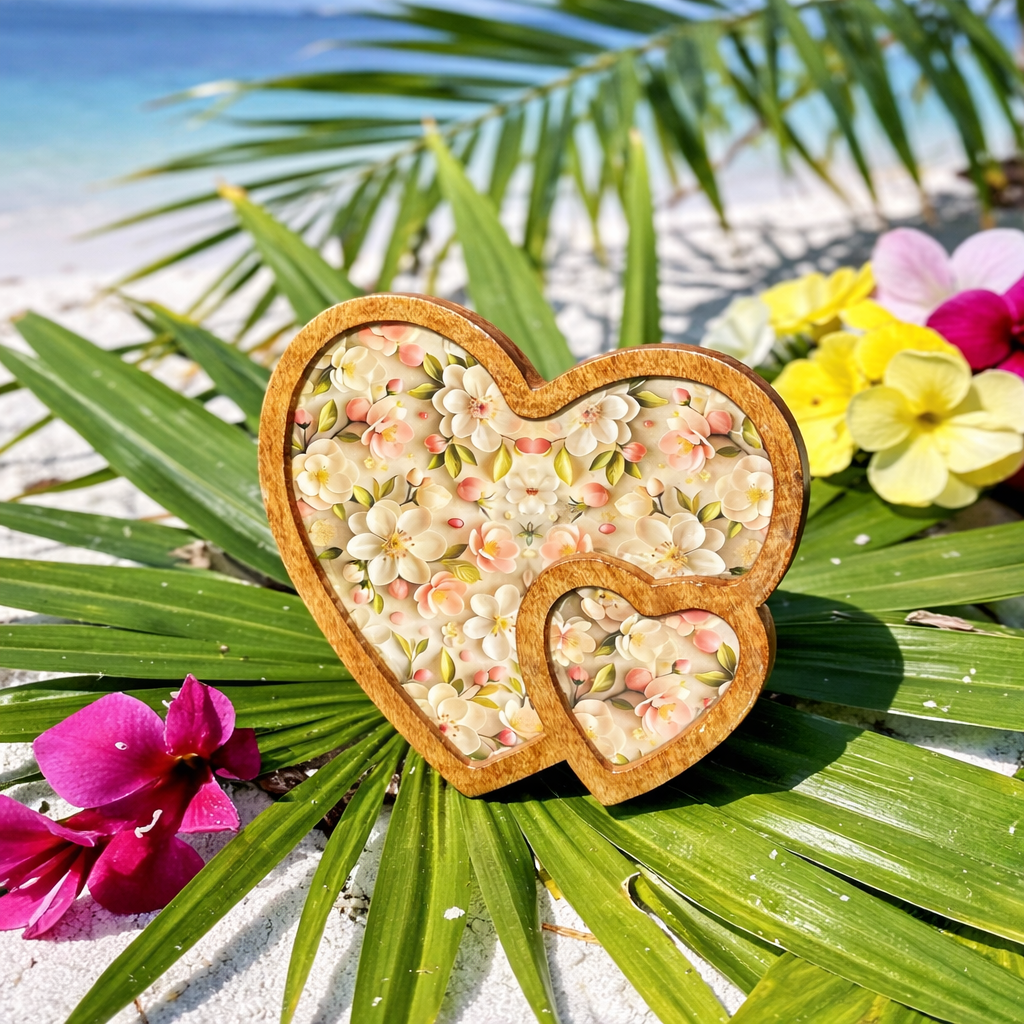 Handcrafted Pink & White Floral Wooden Double Heart Serving Tray – 10 Inch