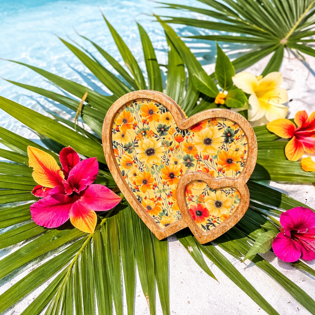 Handcrafted Yellow Floral Wooden Double Heart Serving Tray – 10 Inch