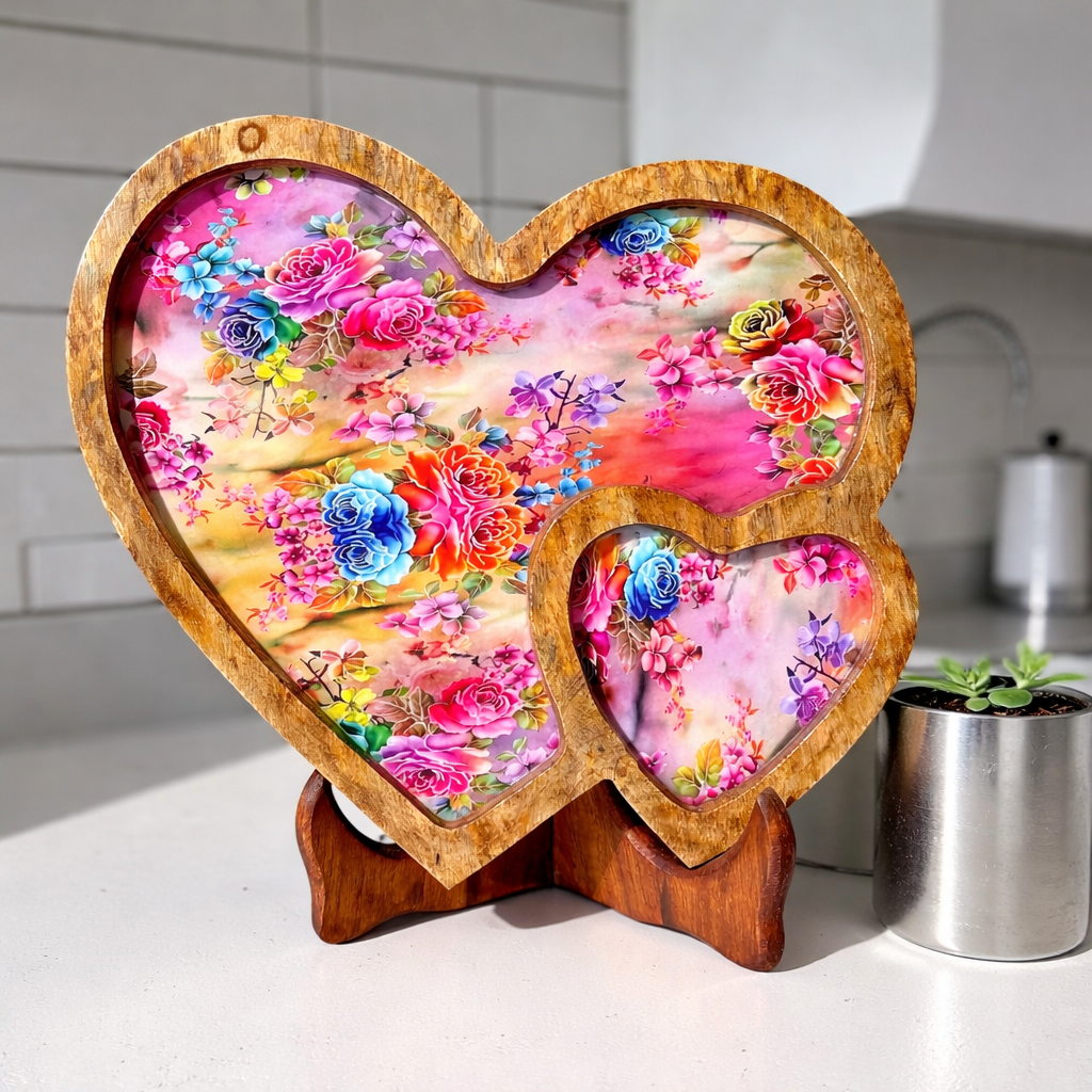 Pink & Blue Floral Wooden Double Heart Serving Tray