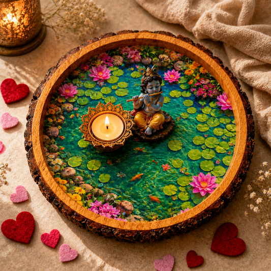 Lotus Pond Design Wooden Side Table - Snabb Crafts