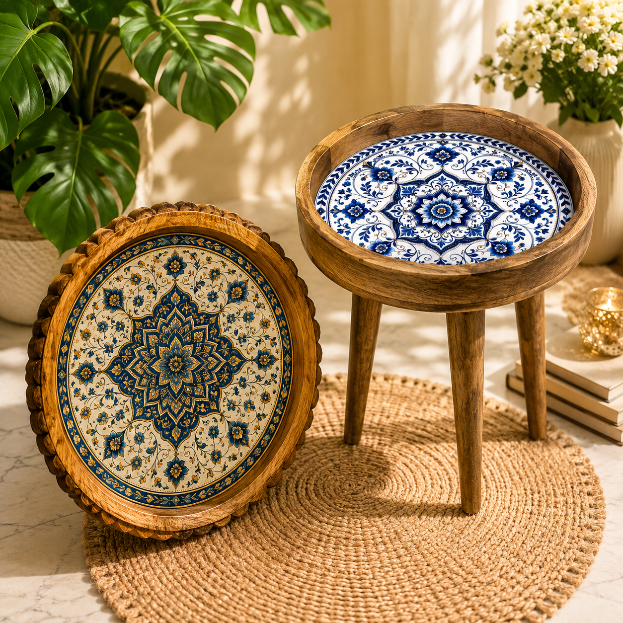 Blue Golden Motif Sold Wood Trays