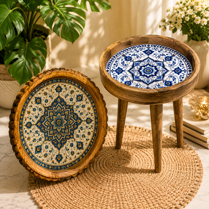 Blue Golden Motif Sold Wood Trays