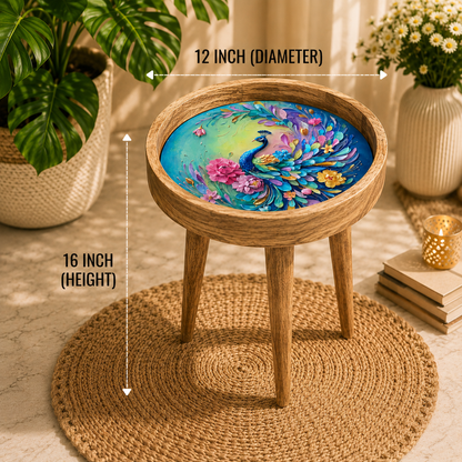 Rainbow Peacock Design Wooden Side Table