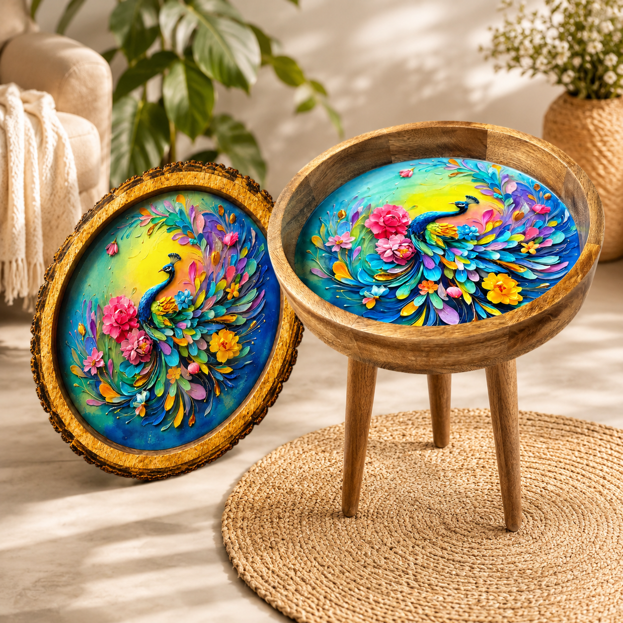 Rainbow Peacock Design Wooden Side Table