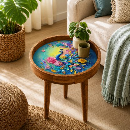 Rainbow Peacock Design Wooden Side Table