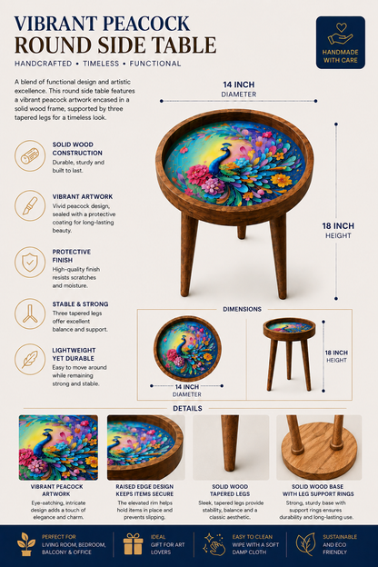 Rainbow Peacock Design Wooden Side Table