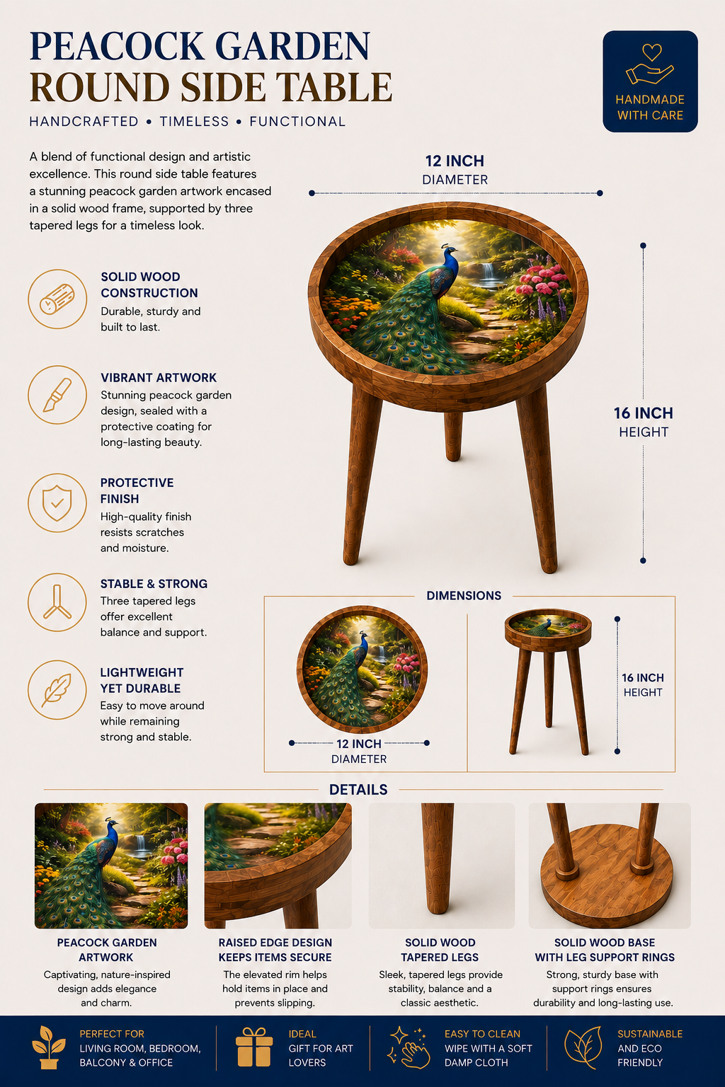 Peacock Design Wooden Side Table