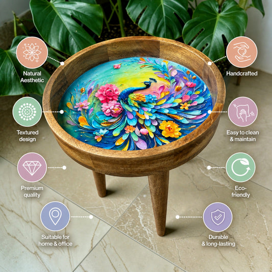 Rainbow Peacock Design Wooden Side Table