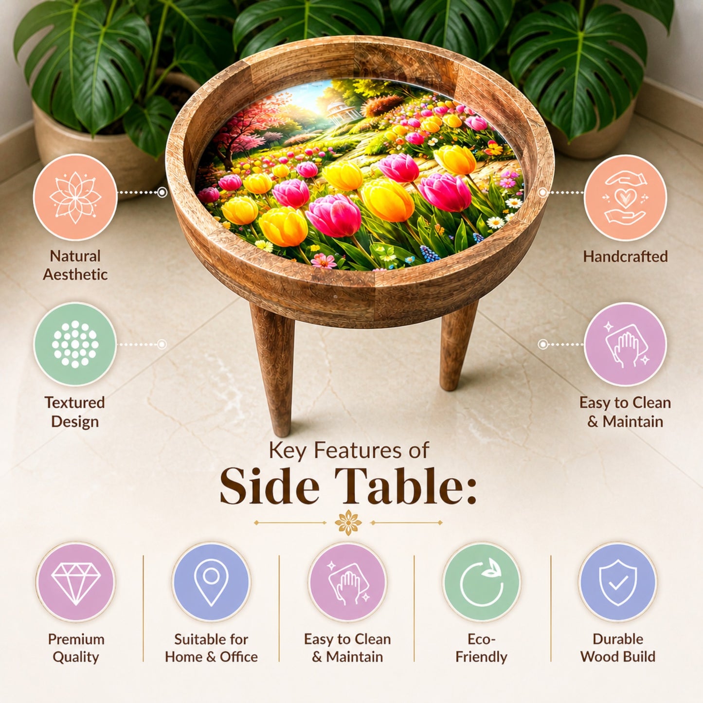 Tulip Garden Design Wooden Side Table