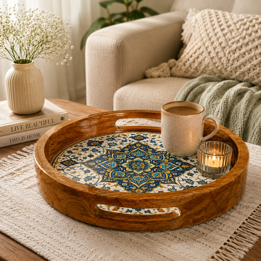 Blue Golden Motif Wooden Round Serving Tray with Handle