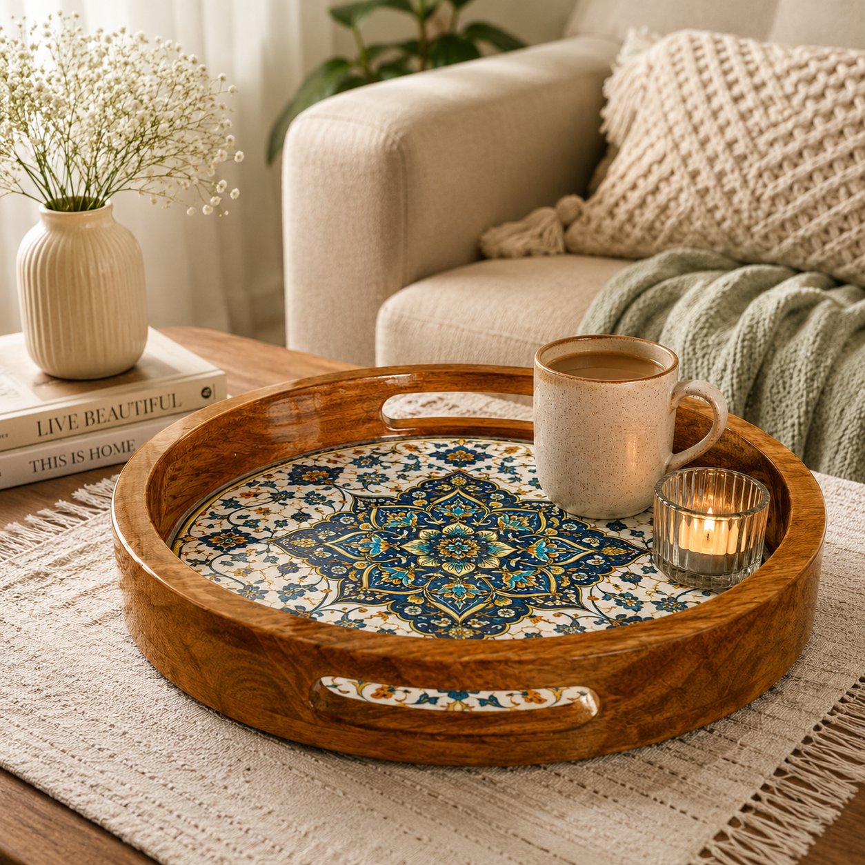 Blue Golden Motif Sold Wood Trays