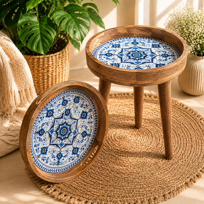 Blue Golden Motif Wooden Round Serving Tray with Handle
