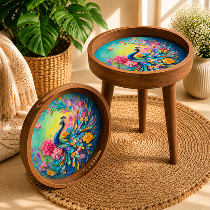 Rainbow Peacock Wooden Serving Tray with Handle