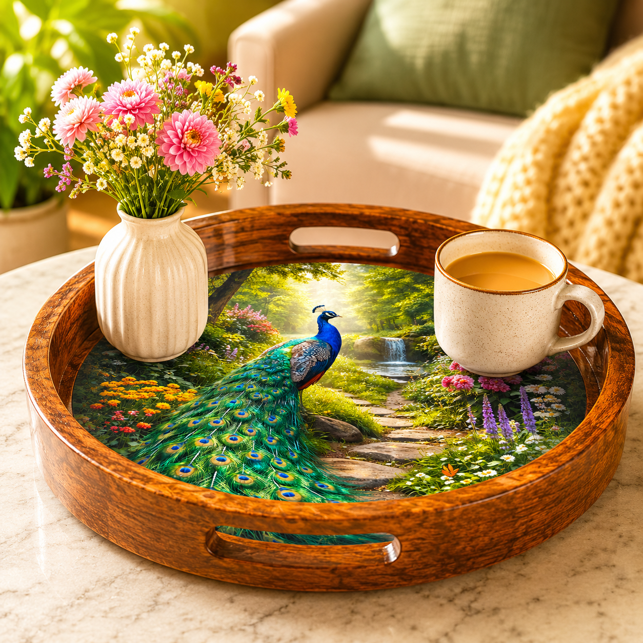 Peacock Garden Wooden Serving Tray with Handle
