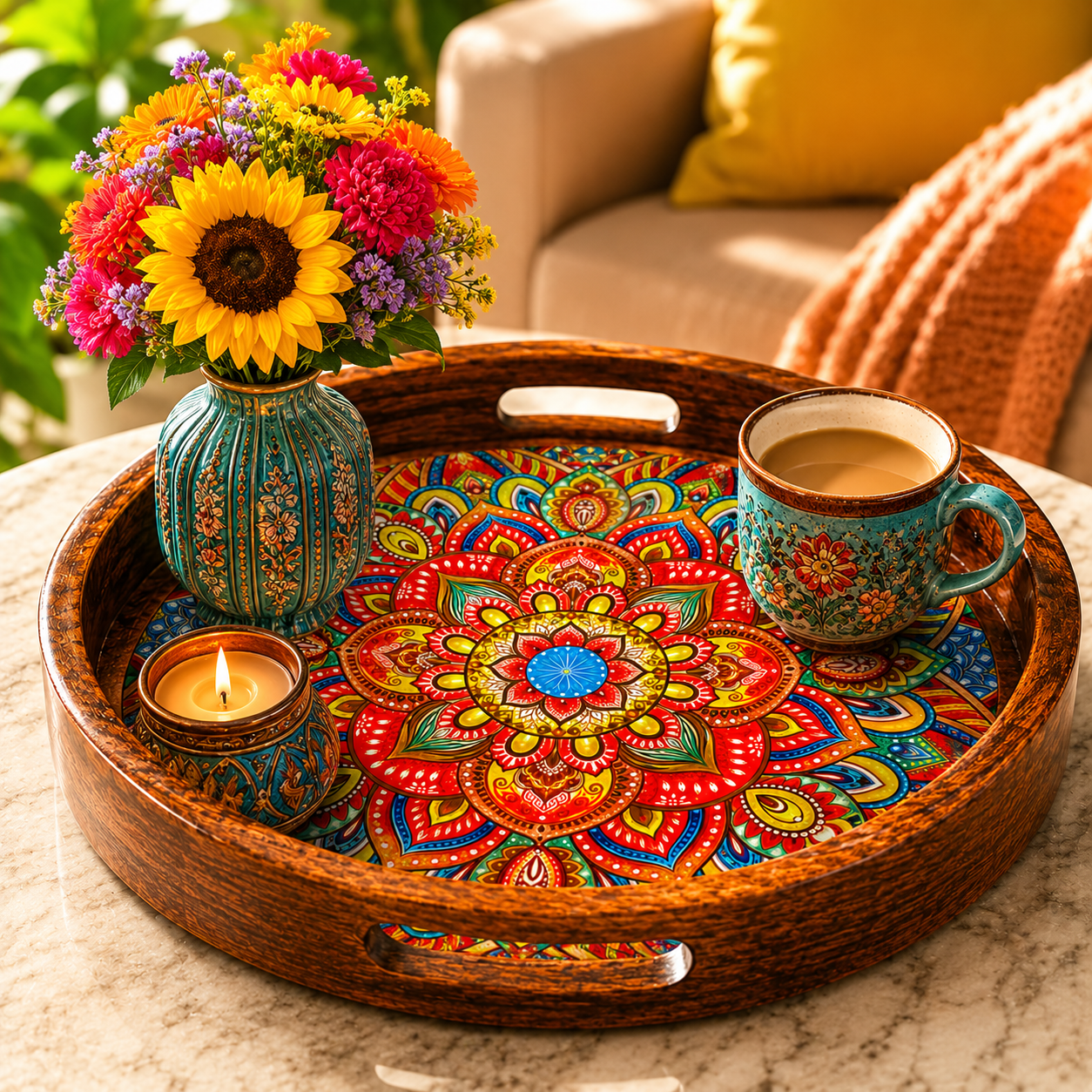 Mandala Art Wooden Serving Tray with Handle