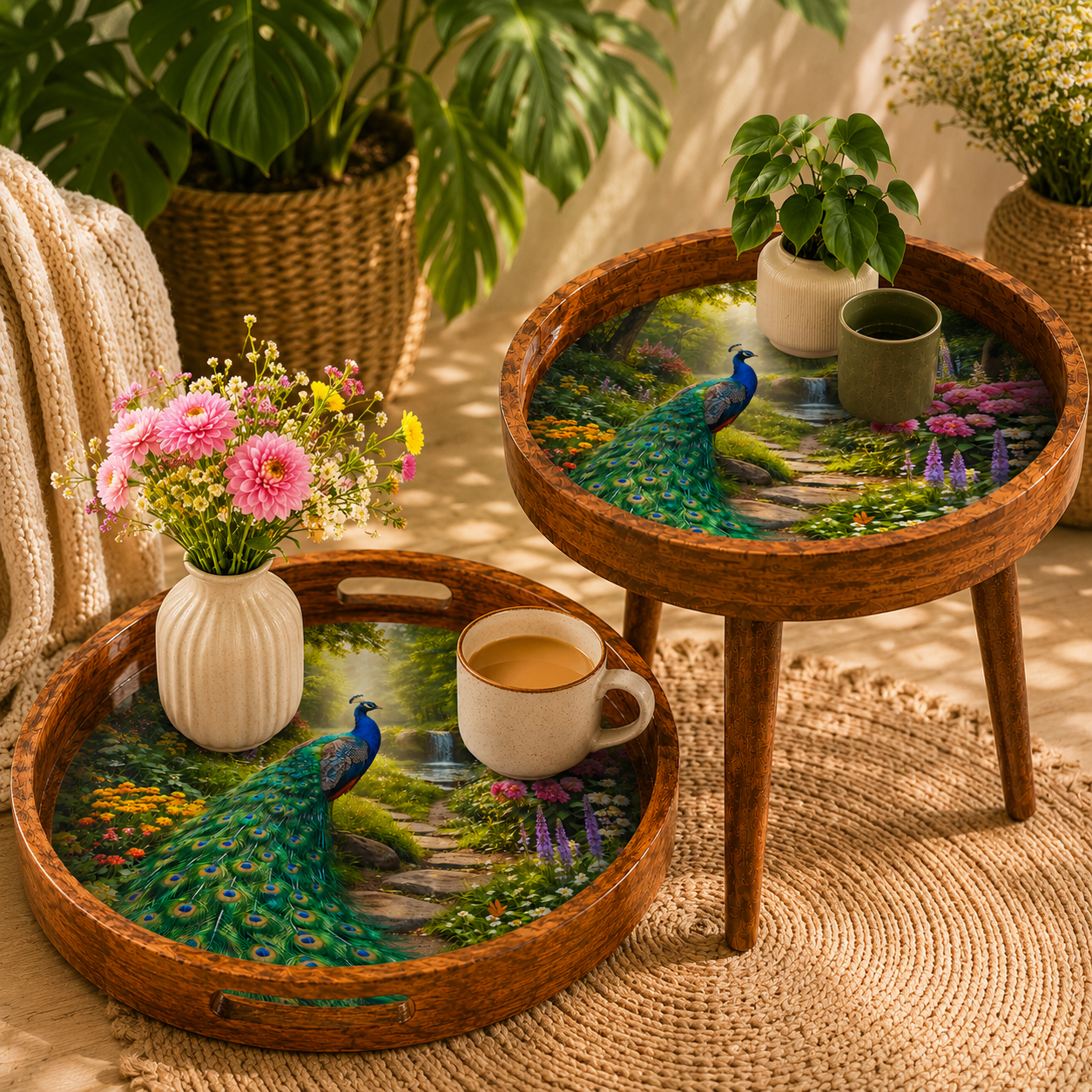 Peacock Design Wooden Side Table
