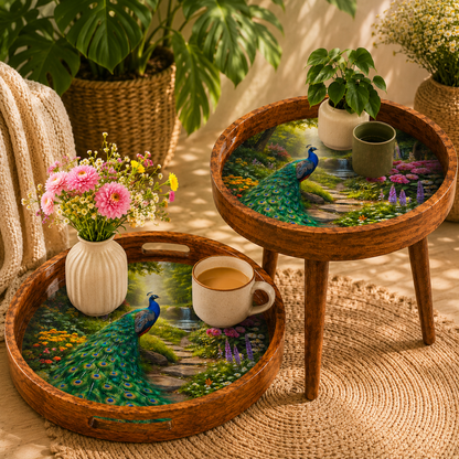 Peacock Design Wooden Side Table