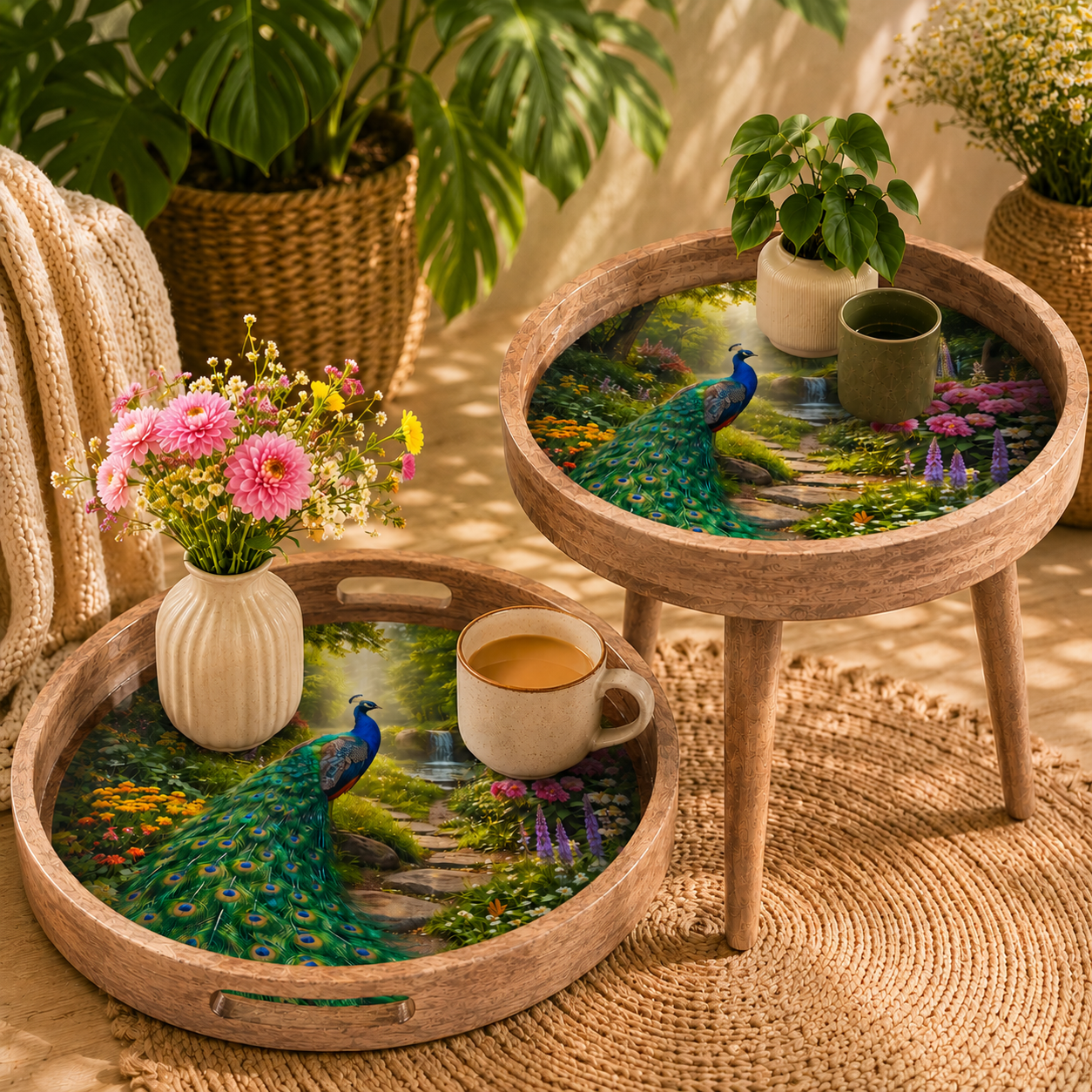 Peacock Design Wooden Side Table