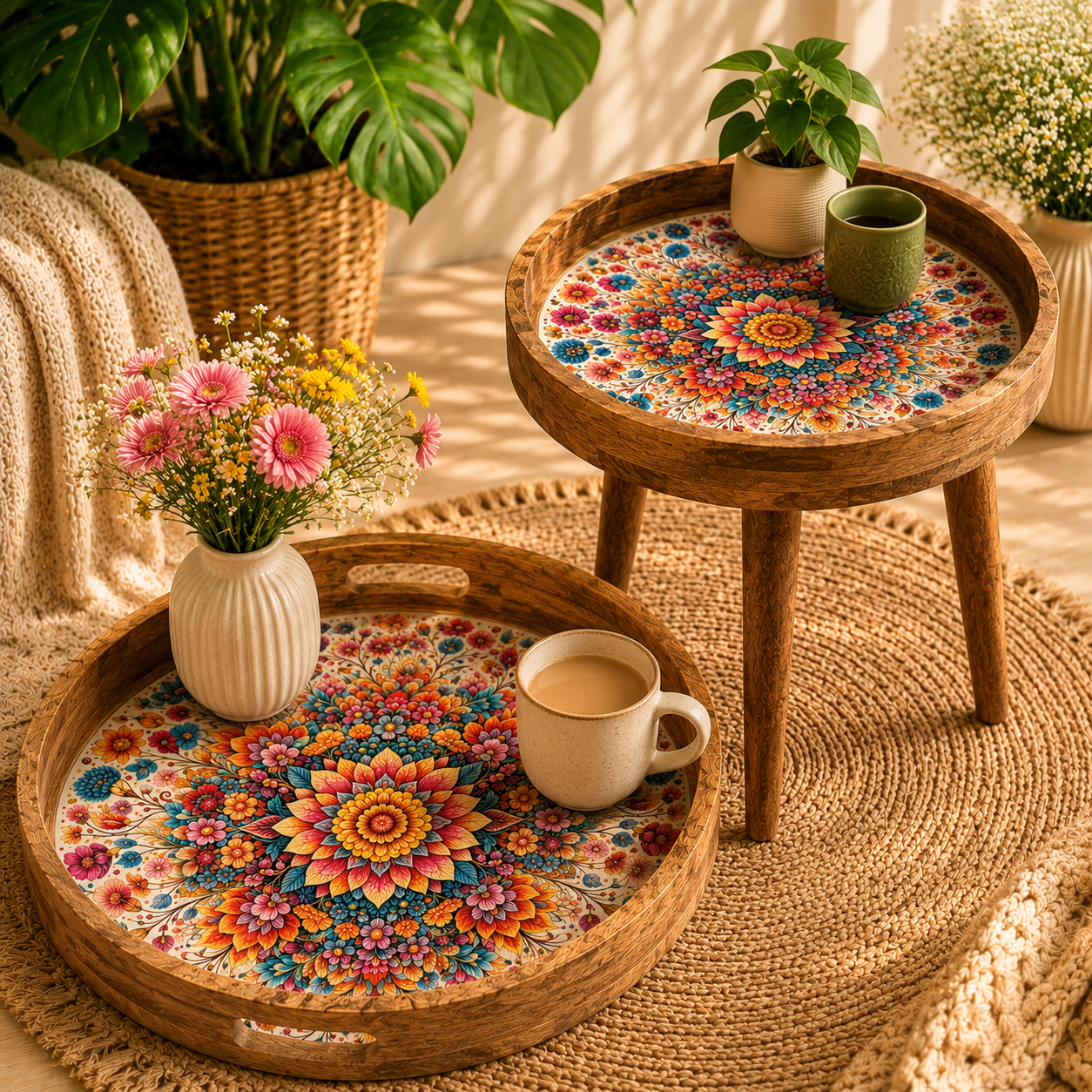Floral Design Wooden Side Table