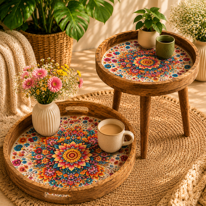 Floral Design Wooden Side Table