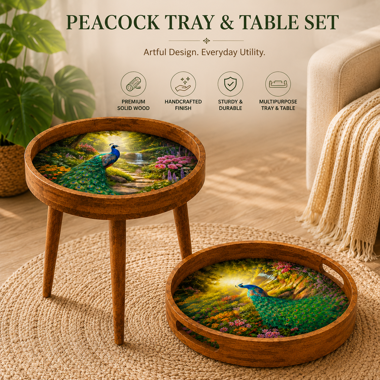 Peacock Garden Wooden Serving Tray with Handle