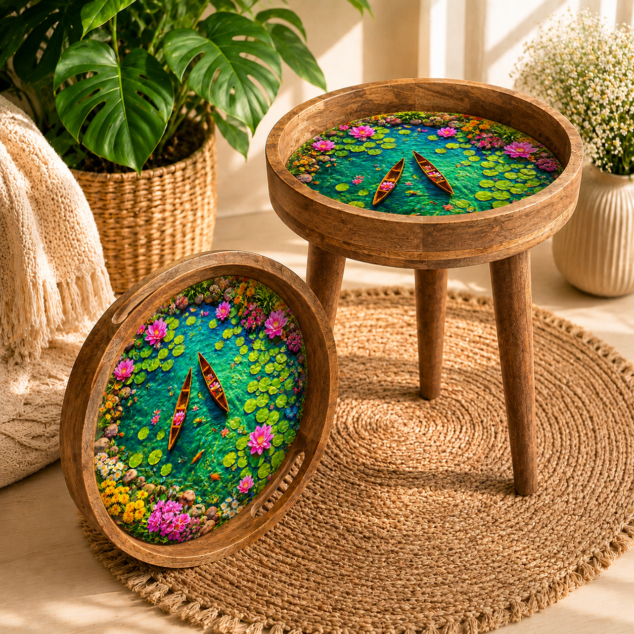 Lotus Pond Design Wooden Round Serving Tray with Handle