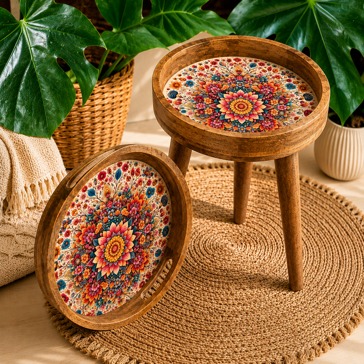 Floral Design Wooden Round Tray with Handle