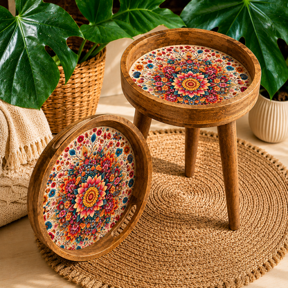 Floral Design Wooden Round Tray with Handle