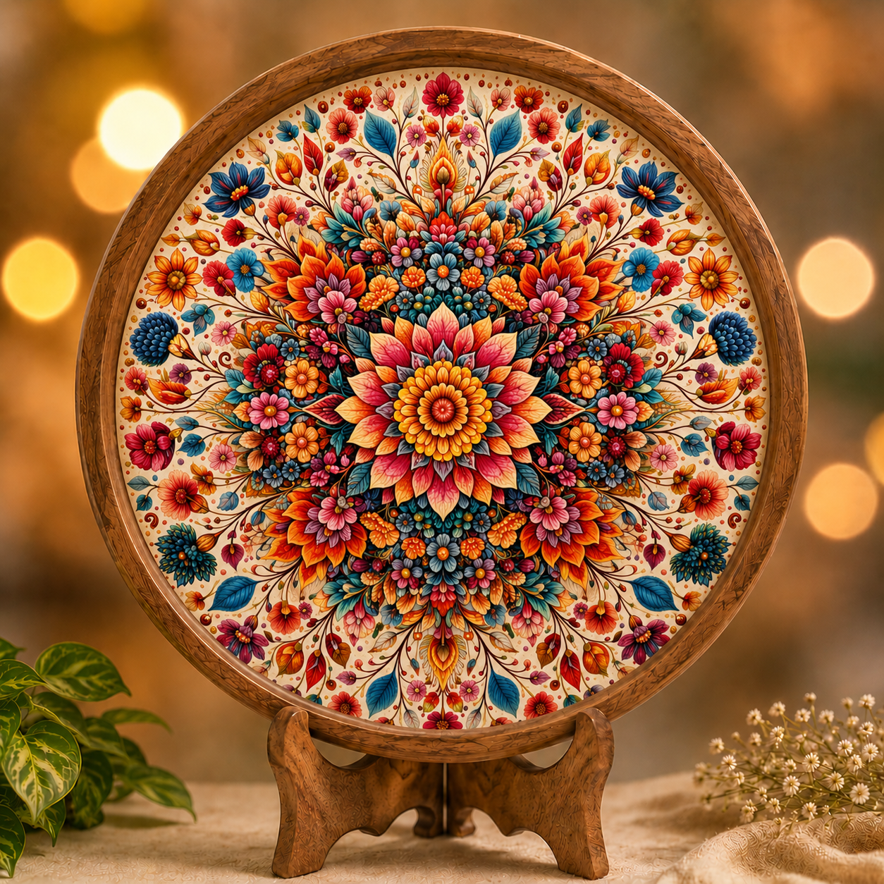 Floral Design Wooden Round Tray with Handle
