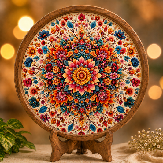 Floral Design Wooden Round Tray with Handle