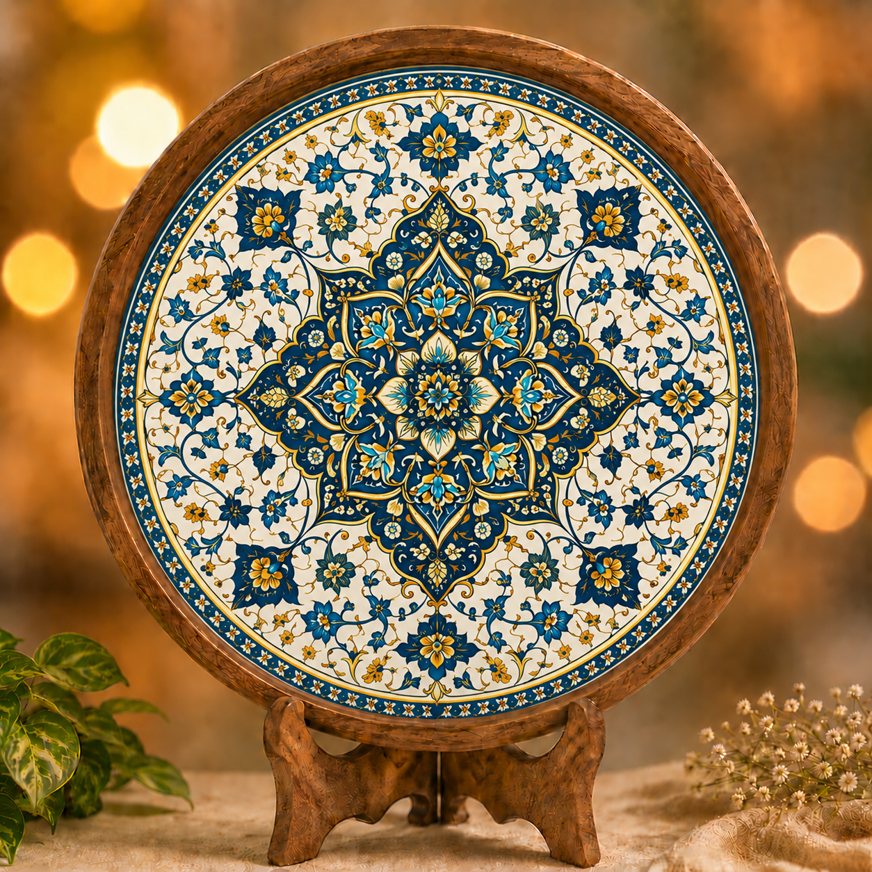 Blue Golden Motif Wooden Round Serving Tray with Handle