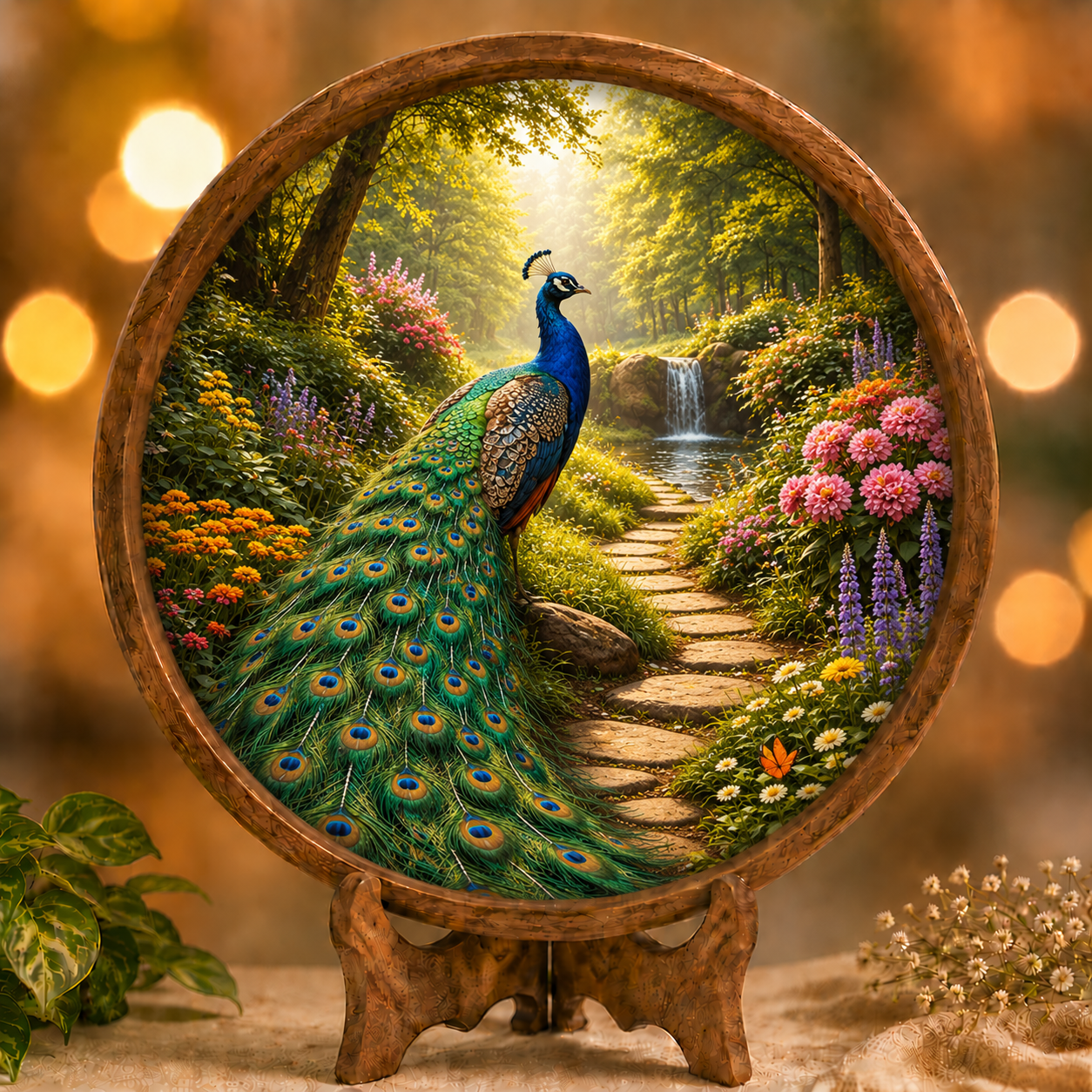 Peacock Garden Wooden Serving Tray with Handle