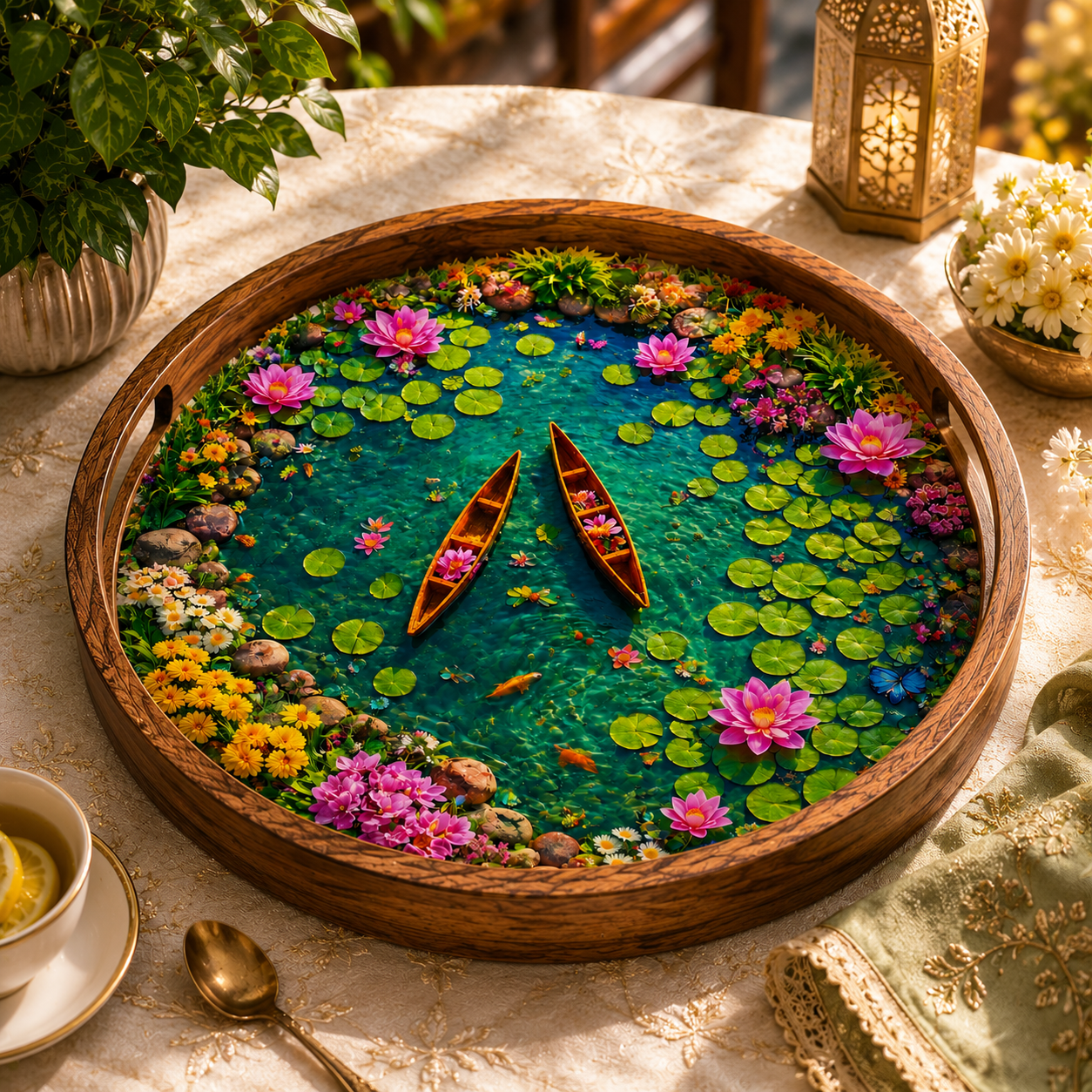 Lotus Pond Design Wooden Round Serving Tray with Handle