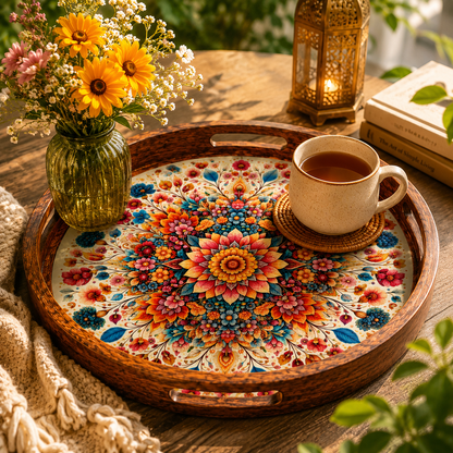 Floral Design Wooden Round Tray with Handle