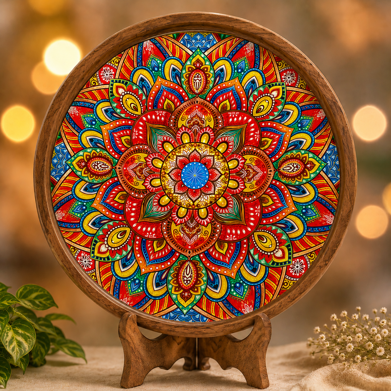 Mandala Art Wooden Serving Tray with Handle