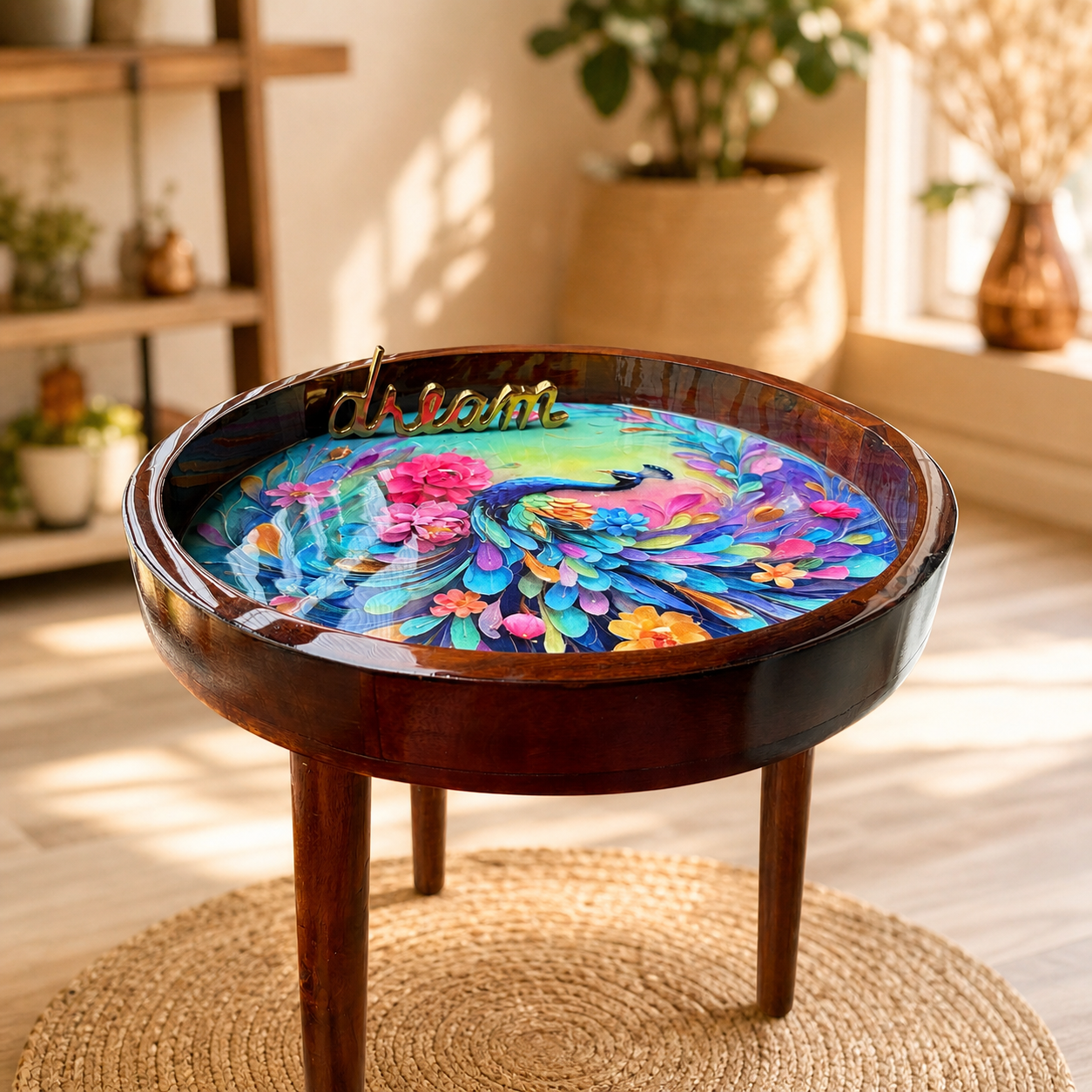 Rainbow Peacock Design Wooden Side Table