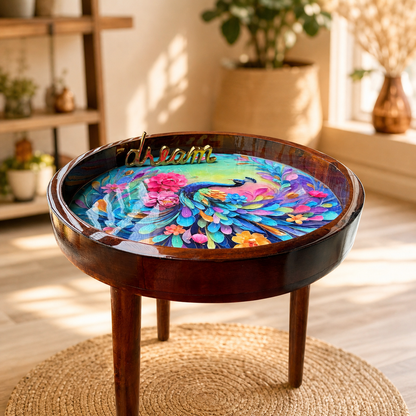 Rainbow Peacock Design Wooden Side Table
