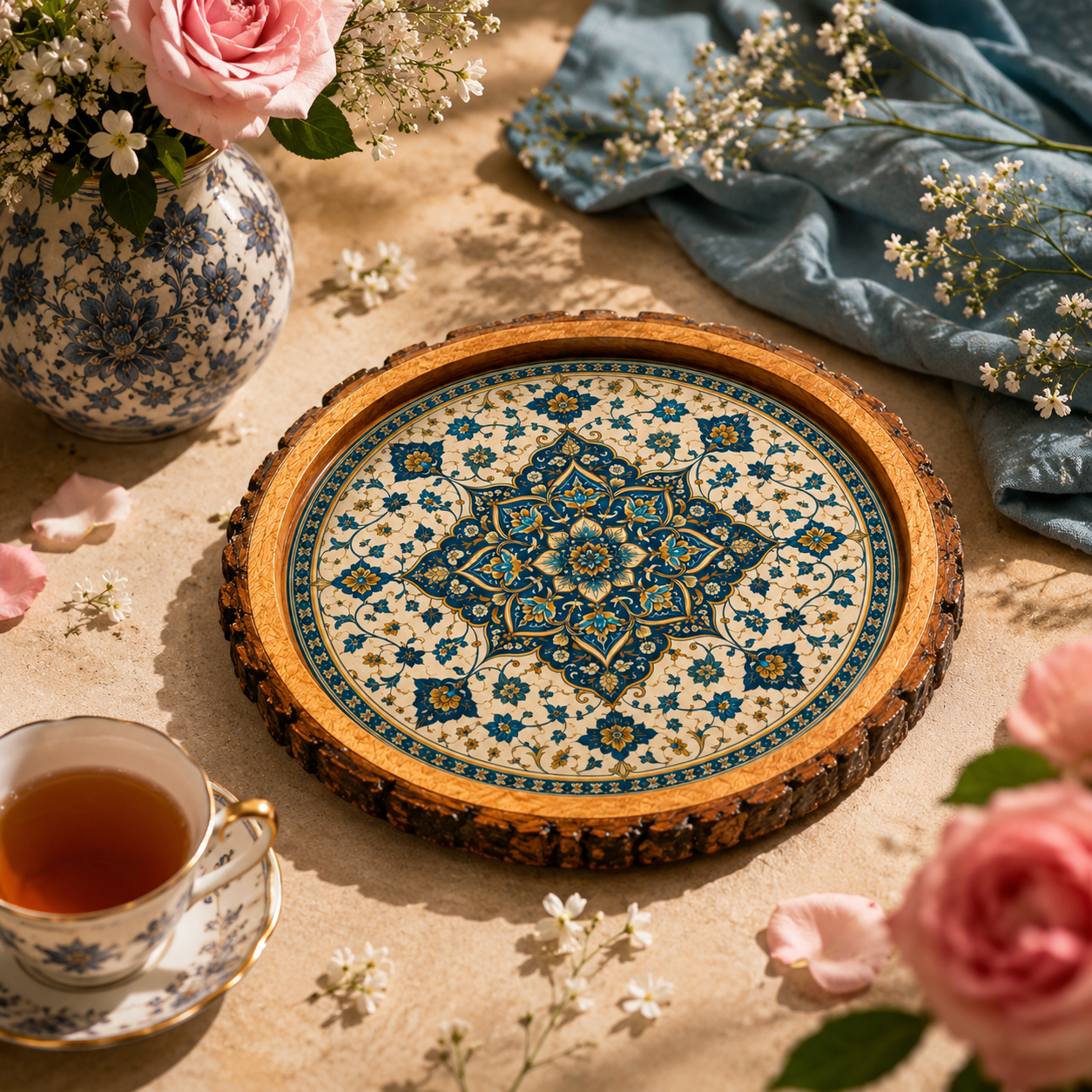 Blue Golden Motif Sold Wood Trays