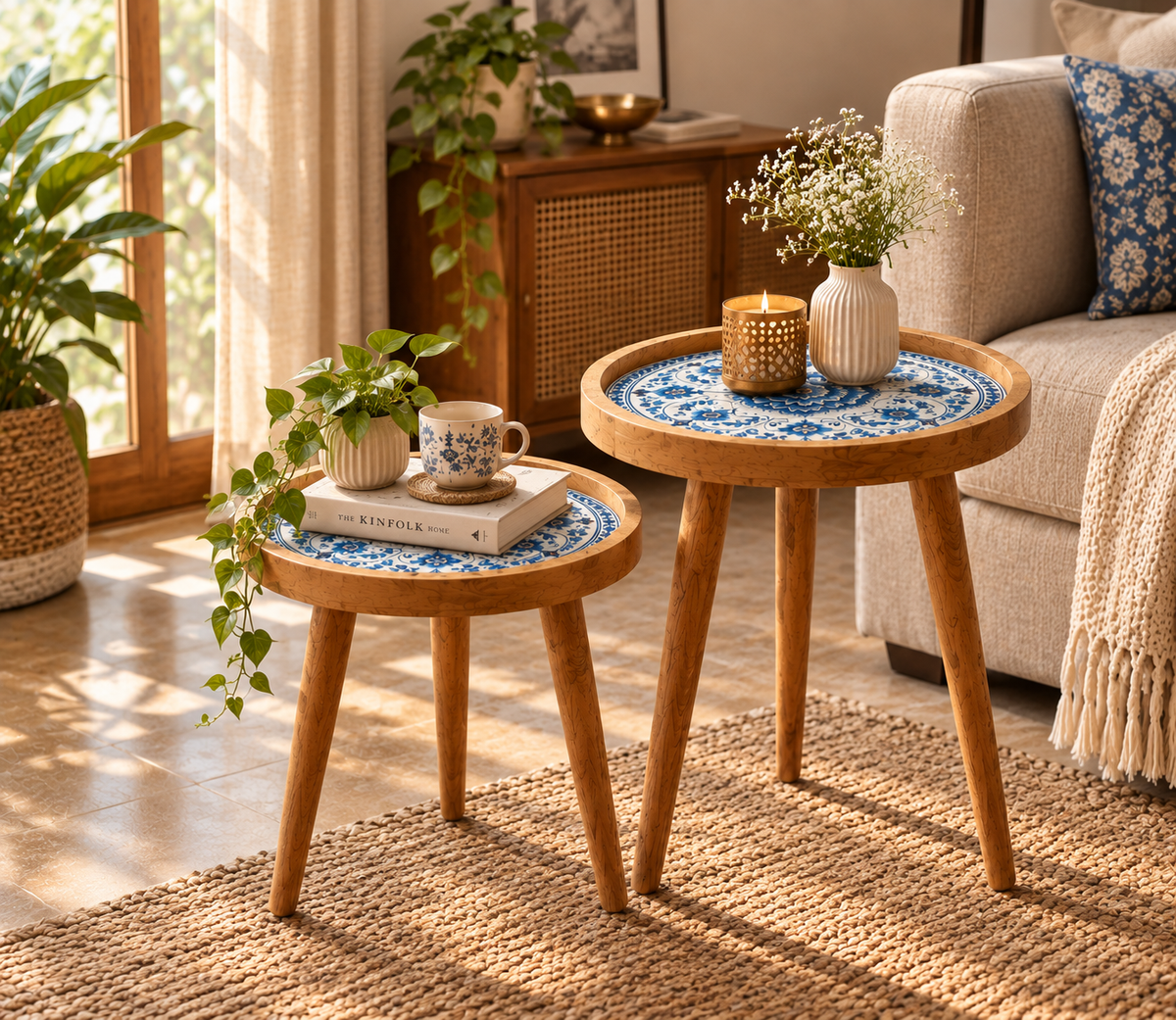 Blue Motif Design Wooden Side Table