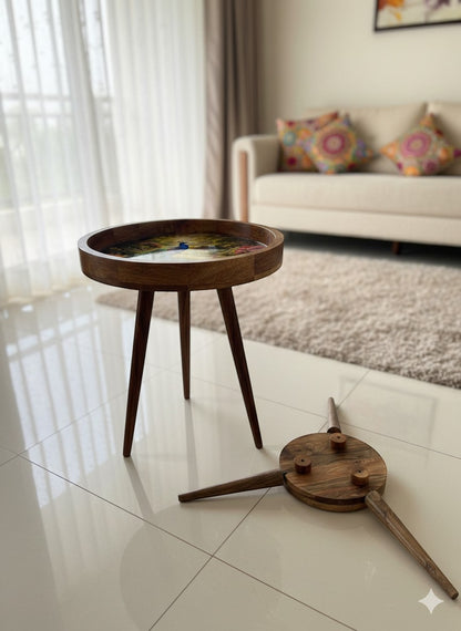 Peacock Design Wooden Side Table