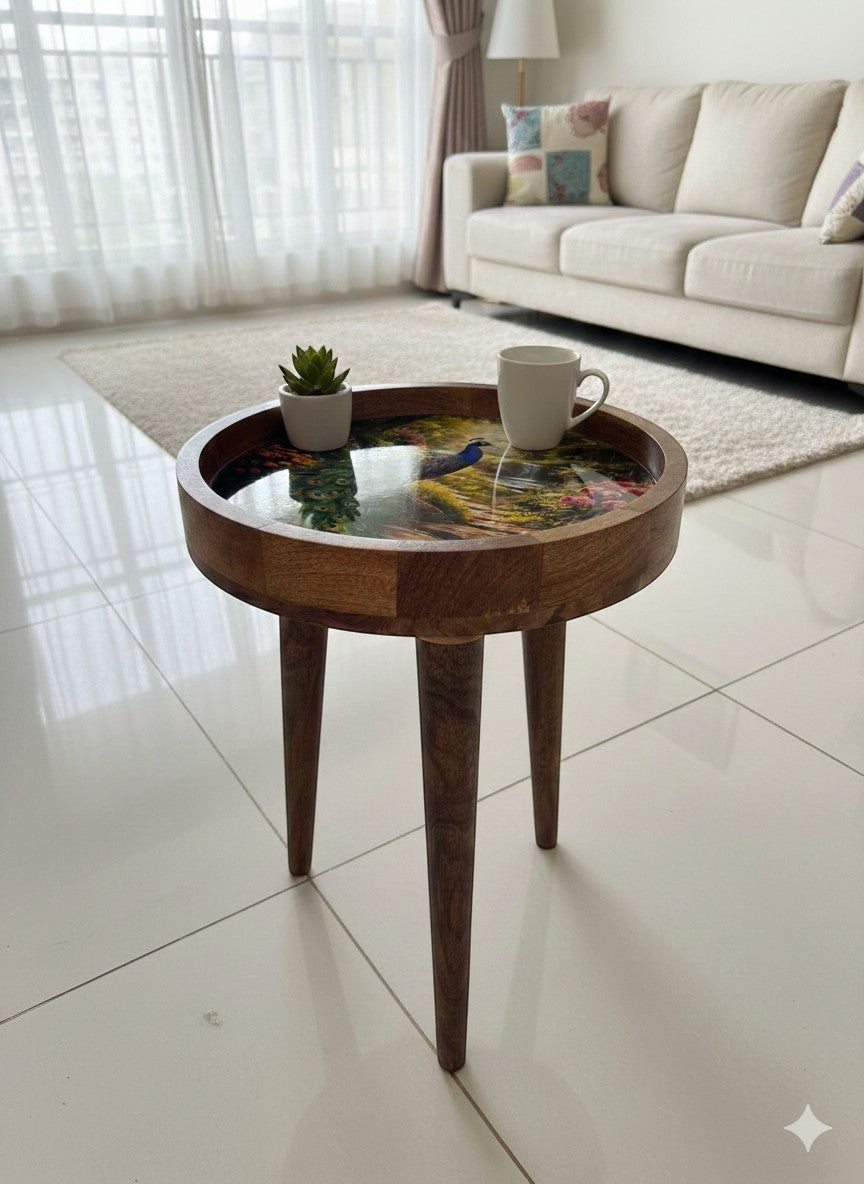 Peacock Design Wooden Side Table