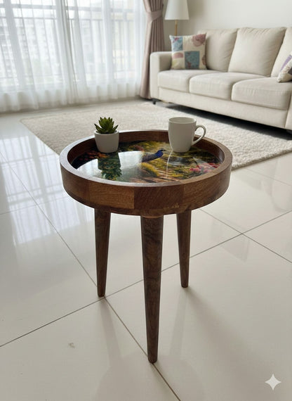 Peacock Design Wooden Side Table