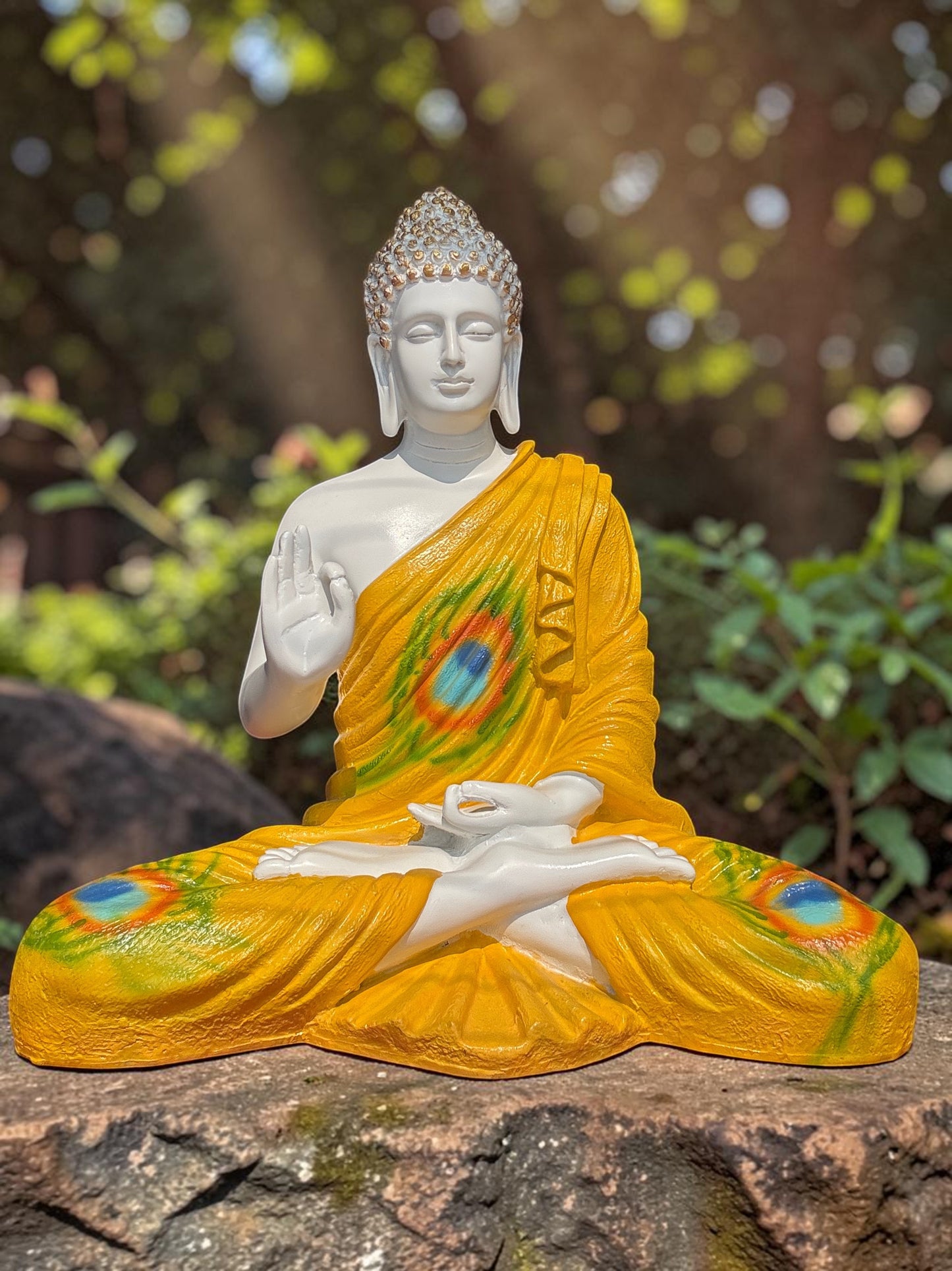 Golden Peacock Serenity Blessing Buddha Sculpture