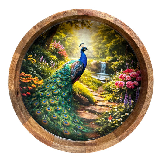 Handcrafted Peacock Design Wooden Side Table