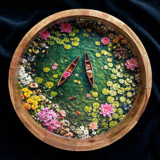 Handcrafted Lotus Pond Design Wooden Side Table