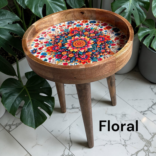 Handcrafted Floral Design Wooden Side Table