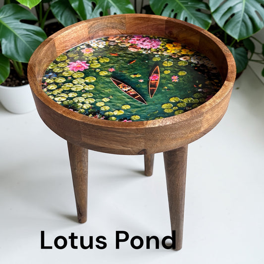 Handcrafted Lotus Pond Design Wooden Side Table