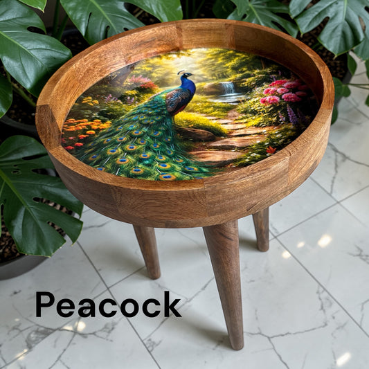 Handcrafted Peacock Design Wooden Side Table