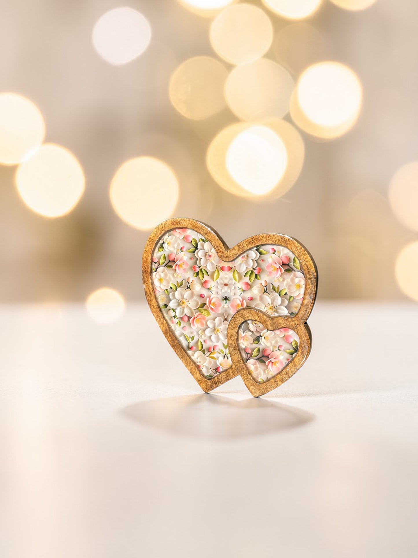 Handcrafted Pink & White Floral Wooden Double Heart Serving Tray – 10 Inch