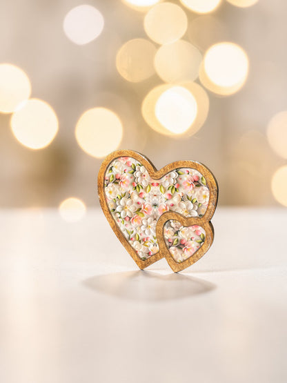 Handcrafted Pink & White Floral Wooden Double Heart Serving Tray – 10 Inch